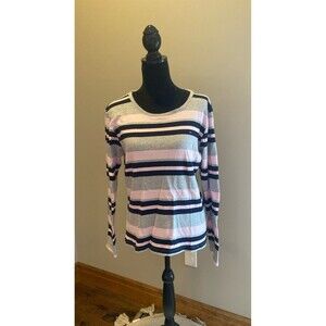 Tommy Hilfiger Top Tee Shirt Sz XL (but measures smaller) Striped Navy Pink